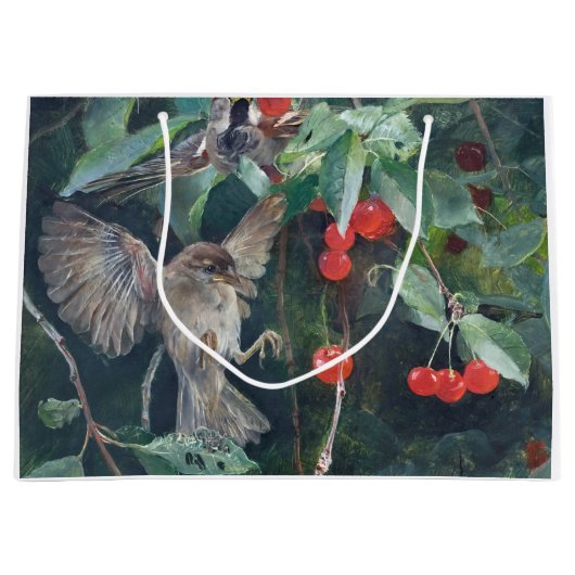 ブルーノ・リレジェフォスさくらんぼ・ツリーのスズメ ラージペーパーバッグ (正面)