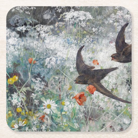 ブルーノ・リレジェフォス州ツバメとフラワーフィールド スクエアペーパーコースター (正面)