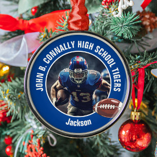 ブルーハイスクールサッカー選手フォトクリスマス メタルオーナメント
