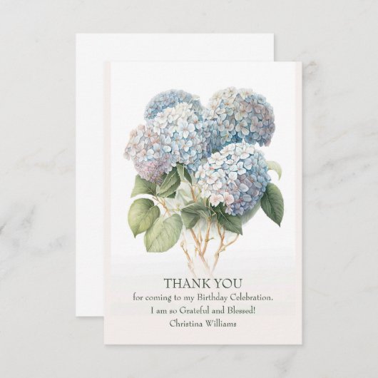 ブルーハイドラフローラエレガント水彩デザイン サンキューカード (正面/裏面)