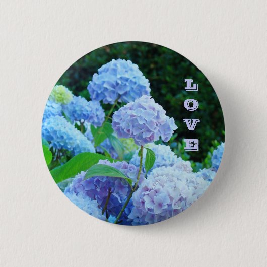 ブルーハイドランジァの花 ガーデンのLOVEボタン 缶バッジ (正面)