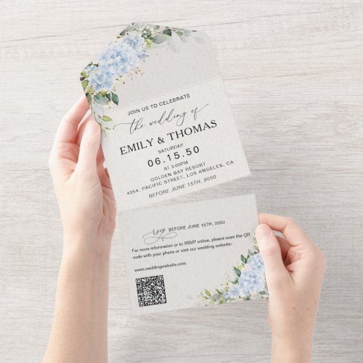 ブルーハイドランジアの花束の結婚式オールインワン招待状 オールインワン招待状 (貼ってはがせる)