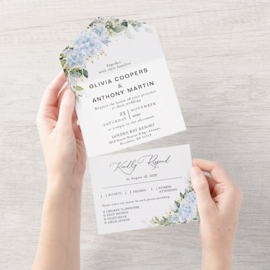 ブルーハイドランジアの花束の結婚式オールインワン招待状 オールインワン招待状 (貼ってはがせる)