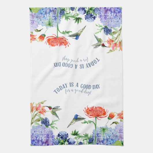ブルーハイドランジアバーズサンゴオレンジフローラグッドデイ キッチンタオル (縦)