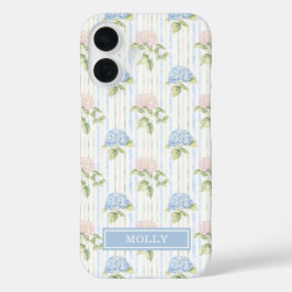 ブルーハイドレンジアの水彩ストライプのオーダーメイド iPhone 16ケース