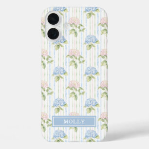 ブルーハイドレンジアの水彩ストライプのカスタムデザイン iPhone 16 PLUSケース
