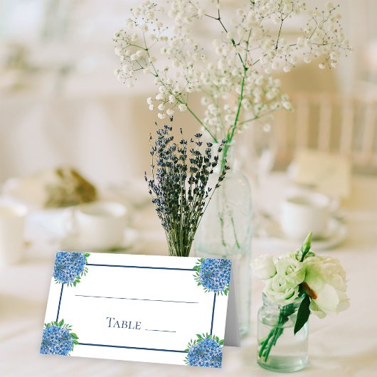 ブルーハイドレンジアの水彩結婚式テーブルナンバー プレイスカード