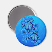 ブルーハイビスカスとホヌウミガメ マグネット (正面/裏面)