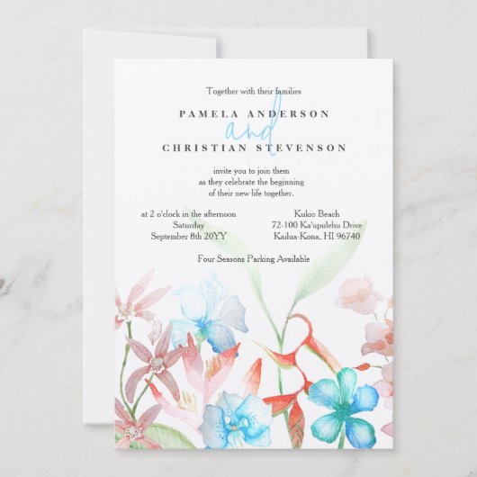 ブルーハイビスカス、オレンジヘリコニア結婚の花 招待状 (正面)