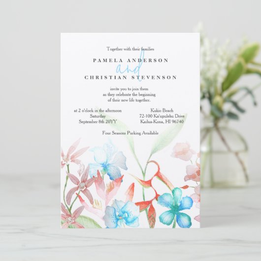 ブルーハイビスカス、オレンジヘリコニア結婚の花 招待状 (スタンド正面)