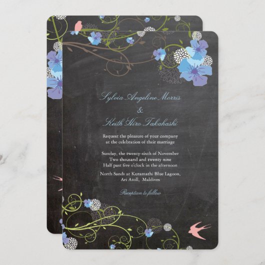 ブルーハイビスカス&スワローズフローラ結婚シャルボードズ 招待状 (正面/裏面)