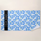 ブルーハイビスカス、ブルーフラワーズ、お名前 ビーチタオル (正面)