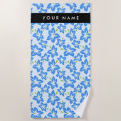 ブルーハイビスカス、ブルーフラワーズ、お名前 ビーチタオル (正面)