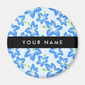 ブルーハイビスカス、ブルーフラワーズ、お名前 マグネット (正面)