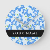 ブルーハイビスカス、ブルーフラワーズ、お名前 ラウンド壁時計 (正面)