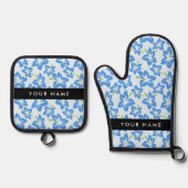 ブルーハイビスカス、ブルーフラワーズ、お名前 鍋つかみ&鍋敷きセット (正面)