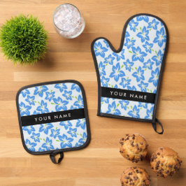 ブルーハイビスカス、ブルーフラワーズ、お名前 鍋つかみ&鍋敷きセット