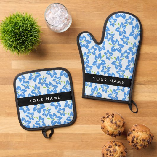 ブルーハイビスカス、ブルーフラワーズ、お名前 鍋つかみ&鍋敷きセット (トップダウン)