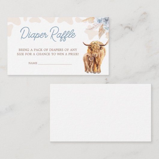 ブルーハイランド牛の赤ちゃんシャワーおむつラッフル エンクロージャーカード (正面/裏面)