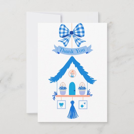 ブルーハウスパーソナライズされたサンキューベイビーシャワー サンキューカード (正面)