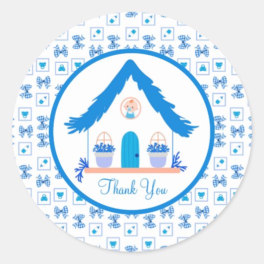 ブルーハウスパーソナライズされたサンキューベイビーシャワー ラウンドシール (正面)