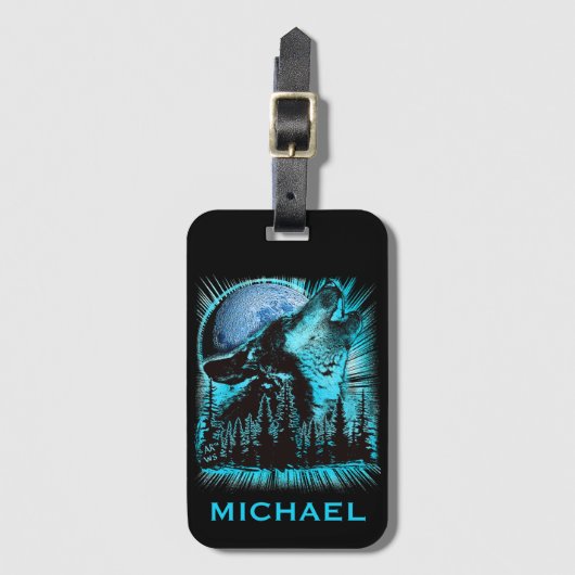 ブルーハウリングウルフクールムーンフォレパーソナライズされたスト ラゲッジタグ (正面縦)