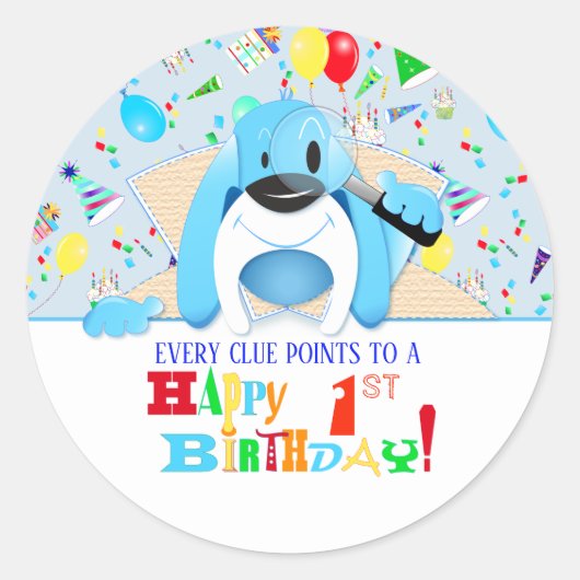 ブルーハウンド犬ミステリー探偵誕生日パーティー ラウンドシール (正面)