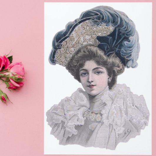 ブルーハットにエドワーディアンファッショナブルな女性