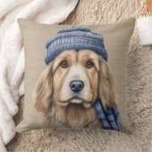 ブルーハット付き茶色と白の毛むくじゃらの犬 クッション (ブランケット)