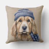 ブルーハット付き茶色と白の毛むくじゃらの犬 クッション (裏面)