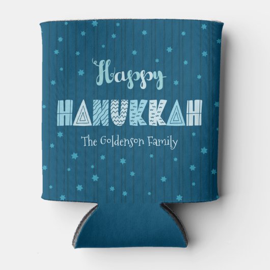 ブルーハッピーハヌカータイポグラフィスターオブデイヴィッドネーム 缶クーラー (正面)