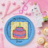 ブルーハッピーファーストバースデーケーキプレート ペーパープレート (パーティー)