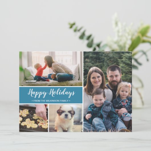 ブルーハッピーホリデーズファミリーフォトクリスマス シーズンカード (スタンド正面)