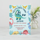 ブルーハッピーリトル恐竜1男の子1歳の誕生日 招待状 (スタンド正面)