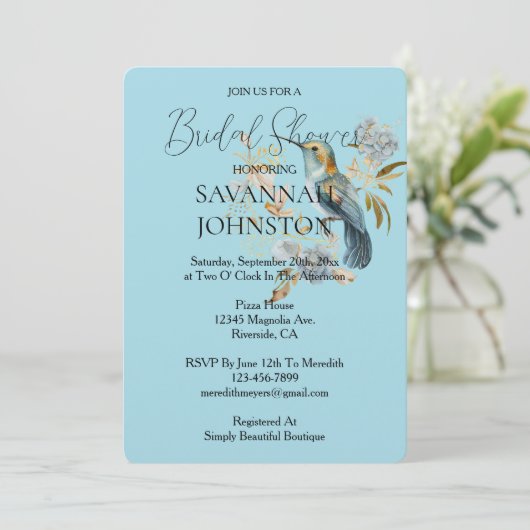 ブルーハミングバードアジサイ花ブライダルシャワー 招待状 (スタンド正面)