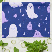 ブルーハロウィンの白と紫の幽霊と星 キッチンタオル (折り畳み)