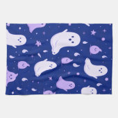 ブルーハロウィンの白と紫の幽霊と星 キッチンタオル (横)