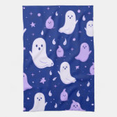 ブルーハロウィンの白と紫の幽霊と星 キッチンタオル (縦)