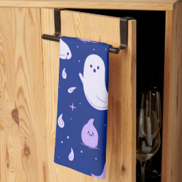 ブルーハロウィンの白と紫の幽霊と星 キッチンタオル
