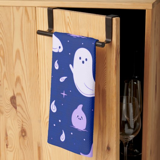 ブルーハロウィンの白と紫の幽霊と星 キッチンタオル (三つ折り)