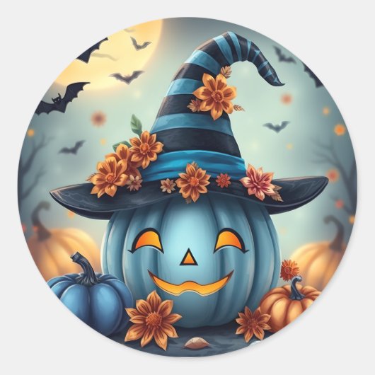 ブルーハロウィンカボチャ Jack-o-lantern ラウンドシール (正面)