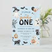 ブルーハロウィン不気味かわいい一男一歳1歳の誕生日 招待状 (スタンド正面)