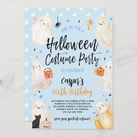 ブルーハロウィン不気味ボーイ誕生日衣装パーティー 招待状 (正面/裏面)