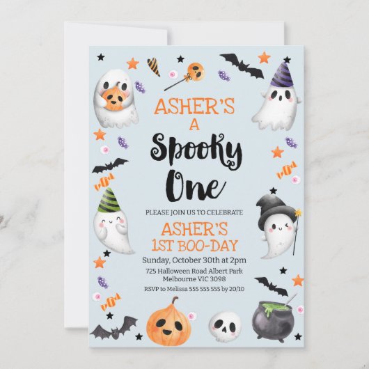 ブルーハロウィン不気味ワンの誕生日 招待状 (正面)