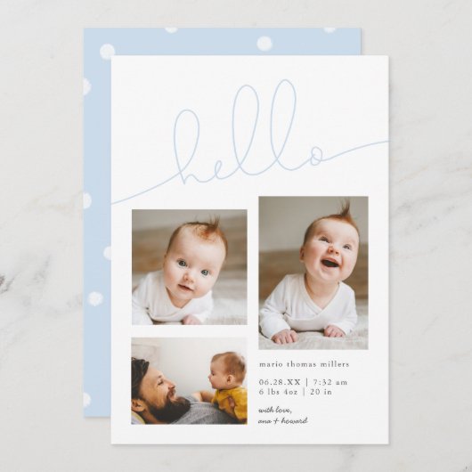 ブルーハロースクリプト数々のフォトボーイ誕生 案内状 (正面/裏面)