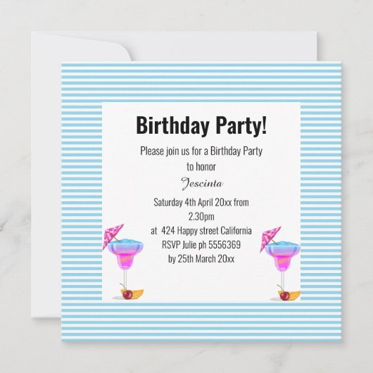 ブルーハワイアンストライプのテーマ誕生会 招待状 (正面)