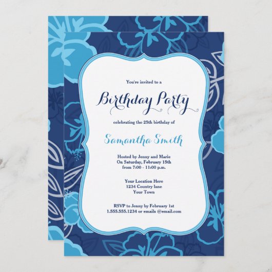 ブルーハワイアンハイビスカスフラワーズ誕生日招待状 招待状 (正面/裏面)