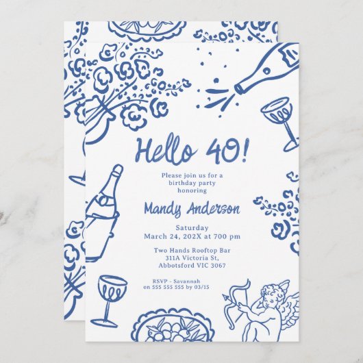ブルーハンドお洒落ドロー40歳の誕生日パーティー 招待状 (正面/裏面)