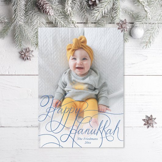 ブルーハンドエレガントレターハッピーHanukkah写真 シーズンカード