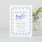 ブルーハンドドローお洒落ドケーキティーブライダルシャワー 招待状 (スタンド正面)